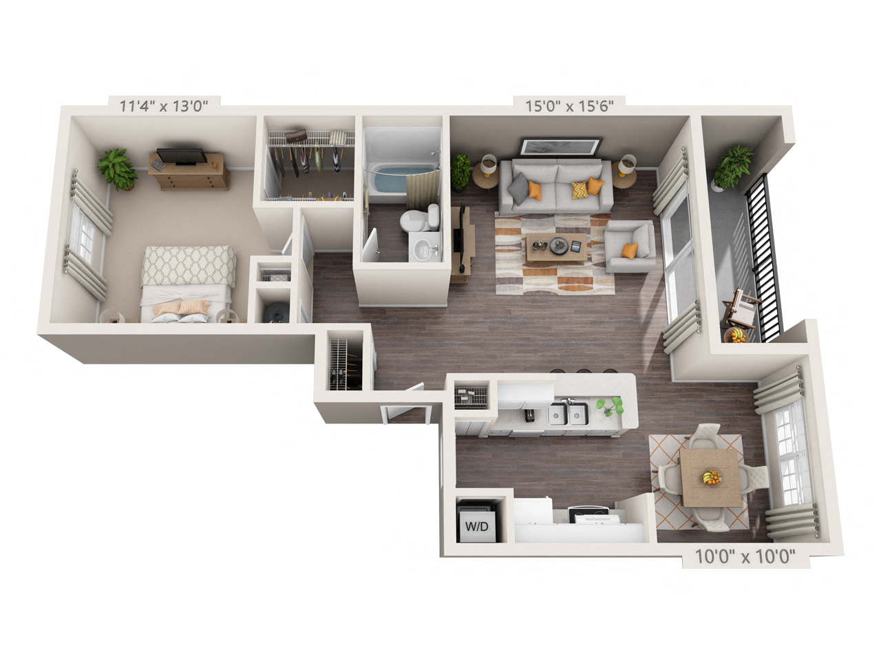 Floor plan for 1 bed, 1 bath, 842 sqft